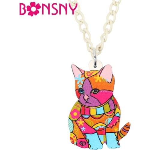 Bonsny Acrylic Colorful Sitting Anime Kitten Cat Pendant Necklace Chain Choker Hipster Pet Jewelry For Women Girls Charm Gift
