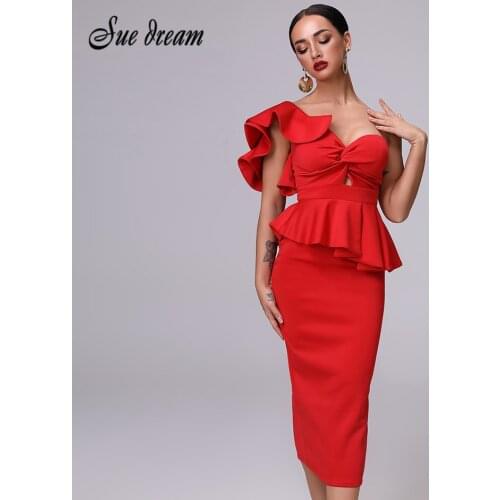 Hot Dress One Shoulder Ruffle Dress 2020 Summer Womens Sexy Knee Dress Elegant Bodycon Club Skinny Dress Vestidos