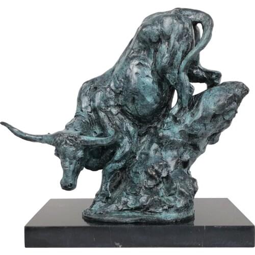 Animal Sculpture Art Bull Statue Hot Casting Green Brass Marble Base Classy Office Table Decoration Business Gifts