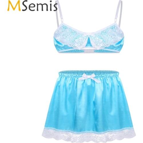 2Pcs Mens Smooth Satin Lace Sissy Lingerie Set Adjustable Spaghetti Shoulder Straps Bra Top with Elastic Waistband Short Skirt
