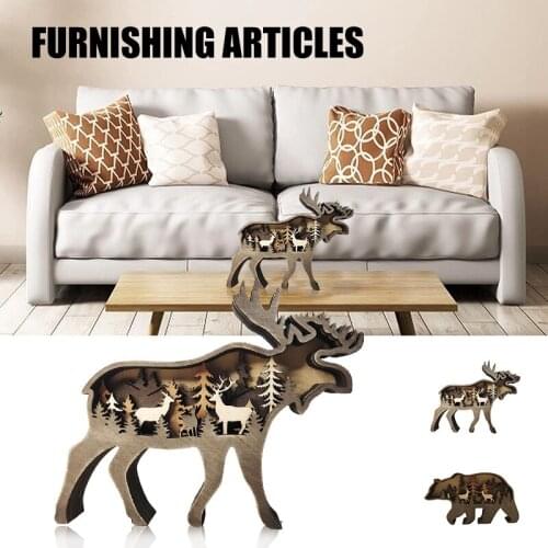 Forest Animal Wooden Home Ornament North American Multilayer Woodland Bear/Elk Silhouette Decor for Shelf Table E7