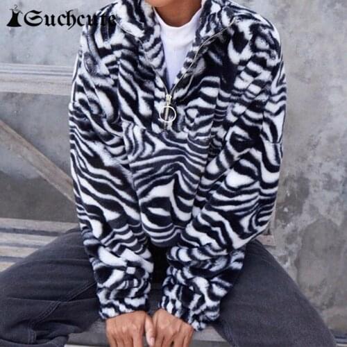 SUCHCUTE Fur Coats For Women Zebra Pattern Y2K Jacket Modis Longslive Zipper Casual Warm Winter 2020 Harajuku Coat Female