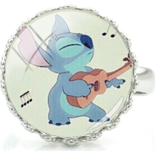 Disney Stitch Singing And Dancing Modeling Ring Creative Design Fashion And Interesting Art Photo Glass Adjustable Ring