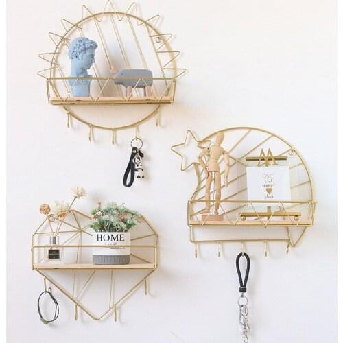 Gold Iron And Wooden Storage Basket With Hook Nordic Key Holder Wall Hanging Hanger Home Decoration Accessories For Living Room