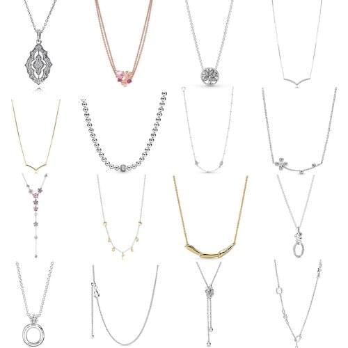 NEW 2019 100% 925 Sterling Silver Floating Locket Crown O Beads & Pave Necklace Clavicle Chain Fit DIY Original Women Jewelry