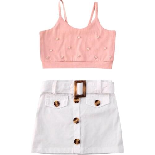 Baby Girls Clothes Sets Fashion Pearl decoration Sleeveless Tops Belt Skirts 2pcs For 0-5Y Summer Kids Casual Clothes