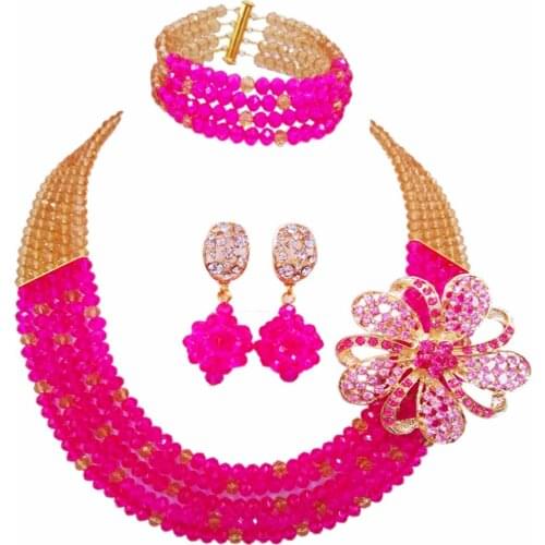 Amazing! Champagne Gold Fuchsia Pink Crystal Beaded Nigerian Wedding African Beads Jewelry Set for Women Girls 5L-ZJ012