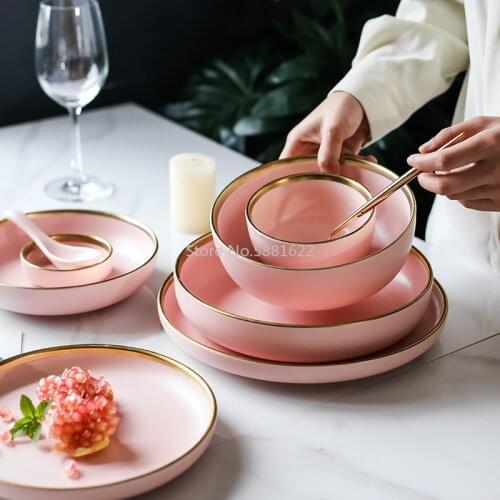 Simple Style Ceramic Gold Rim Plates Food Dish Nordic Style Porcelain Tableware Bowl Dinner Plate Dinnerware Set