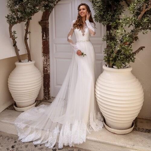 Long Sleeve Mermaid Wedding Dress with Detachable Skirt Lace Appliques Backless Sweep Train Bridal Gown Satin And Tulle
