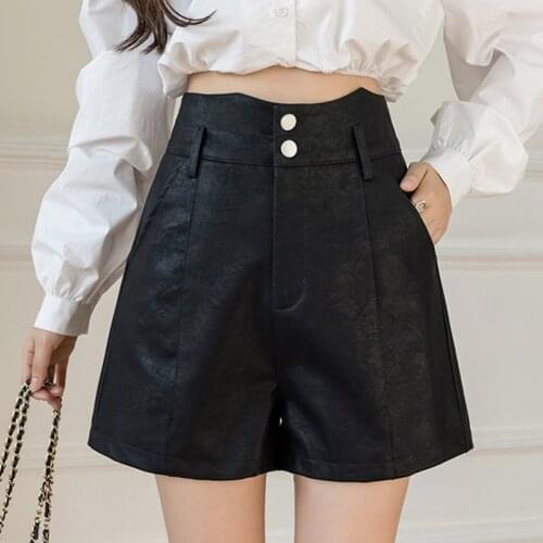 LJSXLS 2021 Autumn Winter High Waist Korean Fashion Button Wide Leg Matte PU Leather Shorts Women Casual Black Shorts Feminino
