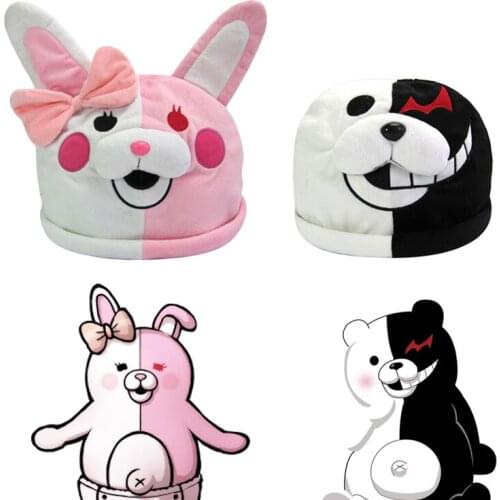 Lovely Props Adult Men Women Anime Danganronpa Cosplay Hat Plush Cap Monomi Headdress Keep Warm Black And White Bear Plush Hats
