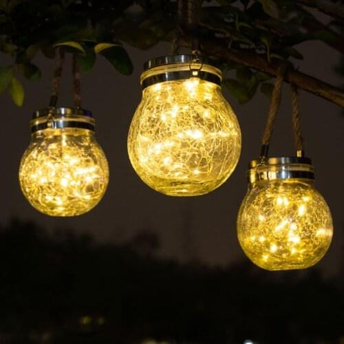 Solar Light Bulb Thick Crack Glass Mason Jar LED Solar Lanterns Outdoor Hanging Waterproof Decor Lamp for Garden Patio