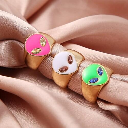 Tendy Colorful Vintage Enamel Alien E.T Rings For Women Girls Retro Gold Color Drip Oil Clouds Flowers Rings 2021 Gift Jewelry