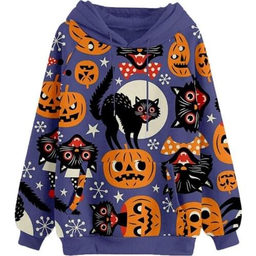 Cozy Classic Hooded Pocket Women Sweatshirt Lightweight Pullover Halloween Printed Long Sleeve Loose Hooded Sweatshirt Female