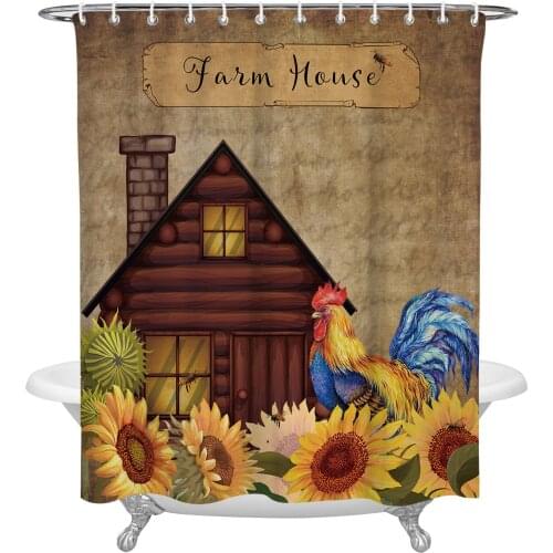 Farm Sunflower Rooster Vintage Shower Curtain Waterproof Polyester Fabric Bathroom Curtain Home Bath Curtain with Hook