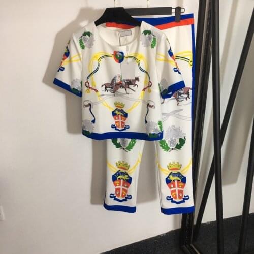 2021 New Womens 8.22 Horse Riding Fashion Round Neck Short Sleeve Print T-shirt + High Waist Straight Casual Ankle Length Pants