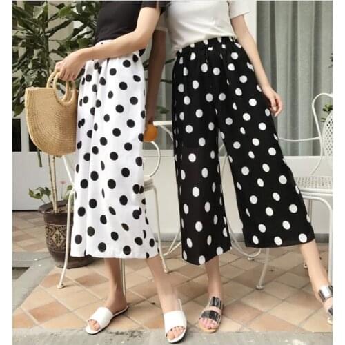 Women Fashion Wave point wide leg pants female summer high waist loose casual trousers Elastic waist Chiffon pants