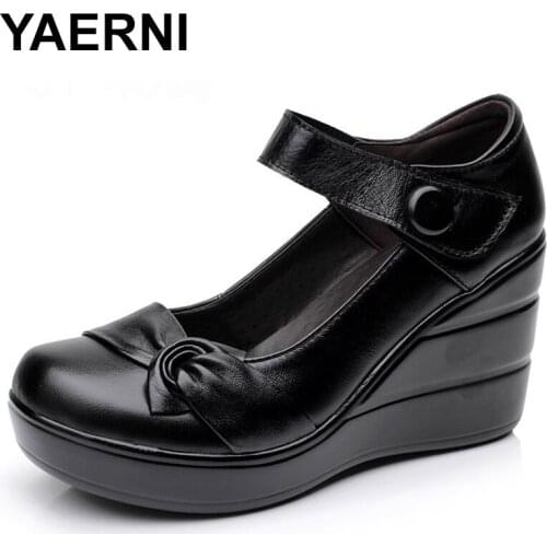 YAERNI 2020 Spring Autumn Genuine Leather Women Fashion High Heels Wedge Pumps Black Color Female Platform Shoes