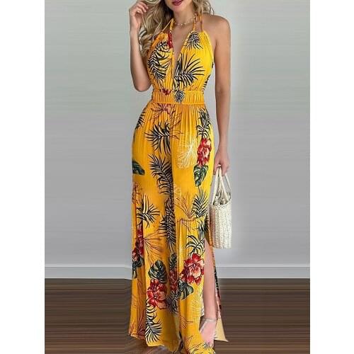 Spring fashion big swing Pullover suspender mid long skirt loose waist 2021 new printed multi color Jumpsuit womens wear