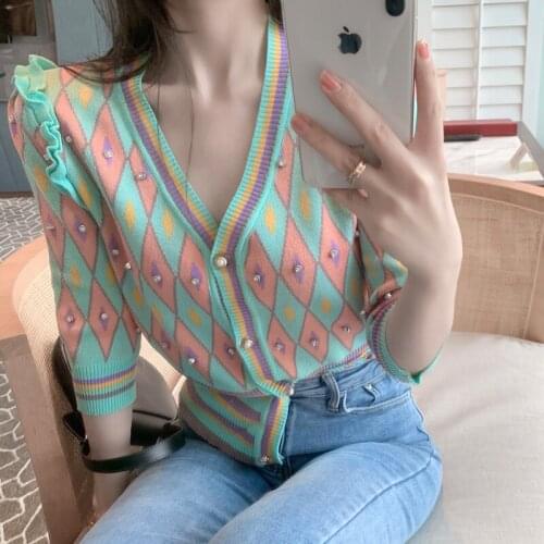 Womens sweater 2021 new thin section knitted retro V-neck short-sleeved sweater ice silk printed knitted cardigan women