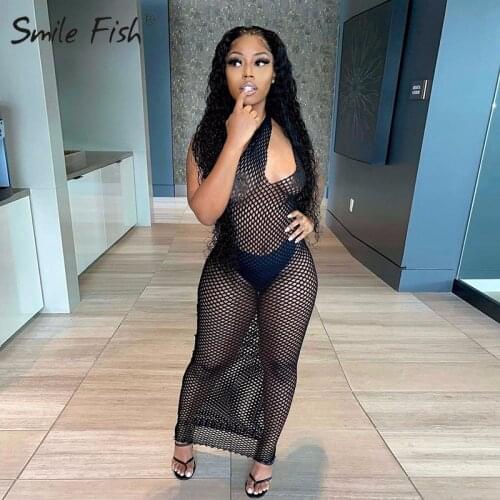 2021 Women Midi Dress Hollow Bodycon Summer Sundress One Shoulder Perspective Mesh Lady Beach Dress Sexy Party Clubwear M0629