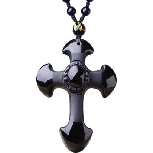 Women Necklace Pendant Black Obsidian Jesus Christ Cross Pendant Free Chain Gift for Male Fine Jade Jewelry