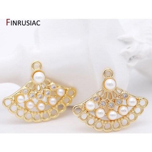 2020 New Design 14k Gold Plated Micro Inlaid Zircon Pearl Fan-shaped Pendants DIY Earrings Necklaces Jewelry Making