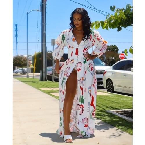 2021 Summer Plus Size Women Dresses Shirt Casual Home Printting Short Sleeve Button Loose Long Maxi Dresses