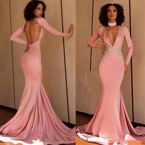 African Arabic Mermaid Prom Dresses 2019 Long Sleeves Crystals Beaded Evening Gowns Backless Sweep Train Plus Size Party Dress