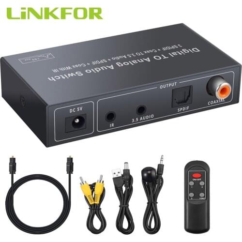 LiNKFOR 192Khz DAC Audio Switcher 3xSPDIF+1xCoaxial Input 3.5mm+SPDIF+Coaxial Output Digital To Analog Audio Converter + Remote