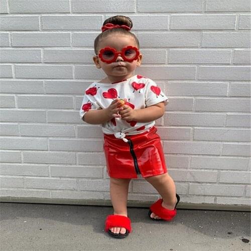 Free shipping Toddler Kids Baby Girls Clothes LOVE print pullover short sleeve T-shirts Leather zipper bow Skirt 2pc Outfits