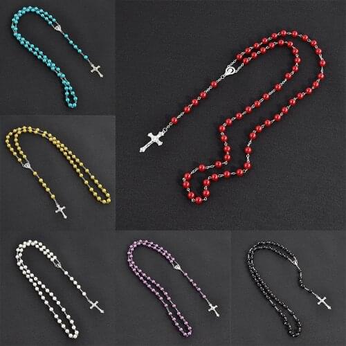 Fashion Rosary Cross Pendant Beads Necklace Sweater Chain Clothes Accessories for Women Men Gift