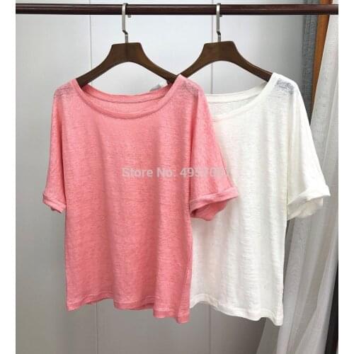 ElfStyle Linen 100% Round Neck Short Sleeve T Shirt - 2020 Ladies O Neck White/Orange Pink Tees Top