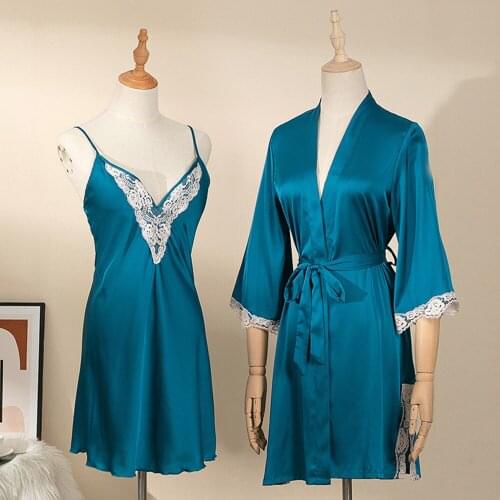Fdfklak 2021 Spring Summer New 2PCS Lace Sleep Robe Set Women Sleepwear Sexy Silk Nightgown Female Sleepshirts Bathrobes