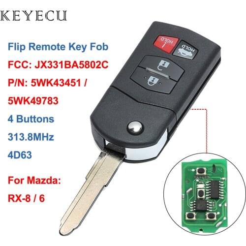 Keyecu 4 Buttons Folding Remote Car Key Fob 313.8MHz with 4D63 Chip for Mazda 6 RX-8 2005 2006 2007 2008 FCC: JX331BA5802C