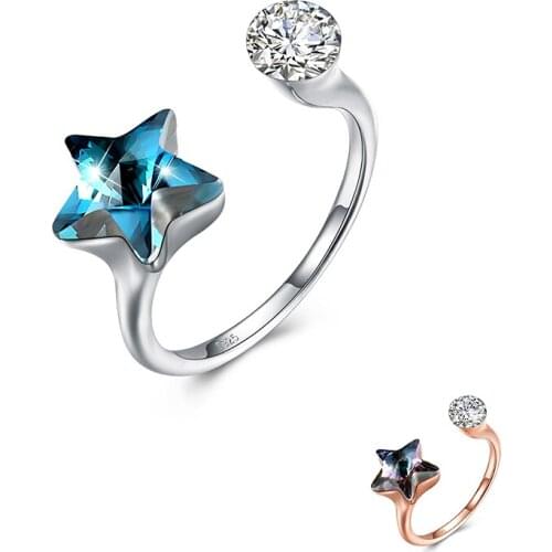 ZEMIOR 925 Sterling Silver Rings For Women Colorful Star Austria Crystal With Round CZ Adjustable Ring Anniversary Jewelry