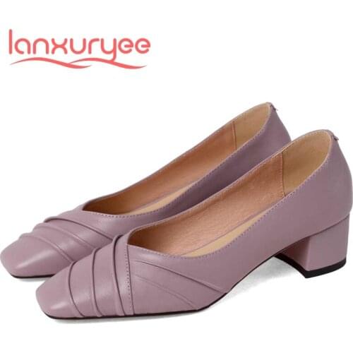 Lanxuryee korean girls full grain leather pleated square toe thick med heel slip on dating young girls gorgeous women pumps L91