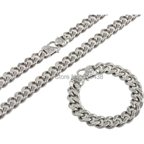 14MM MENS CURB CUBAN HEAVY CHAIN 24'' NECKLACE & 9'' BRACELET SET STAINLESS STEEL