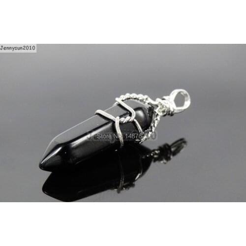Natural Black Onyx Gems Stones Hexagonal Pointed Healing Reiki Chakra Wire Wrap Pendant Beads For Necklace Earrings 10Pcs/Pack