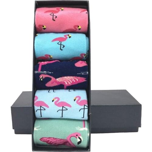 MYORED male socks 5 pairs/lot bright colorful mens crew socks cartoon funny bird pattern man casual dress Calcetines de hombre