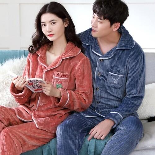 Autumn Winter Thicken Coral fleece Lovers Couple Pajamas Sets Women Sleepwear Cute Cartoon Long Sleeve Pyjamas Home Night Suits