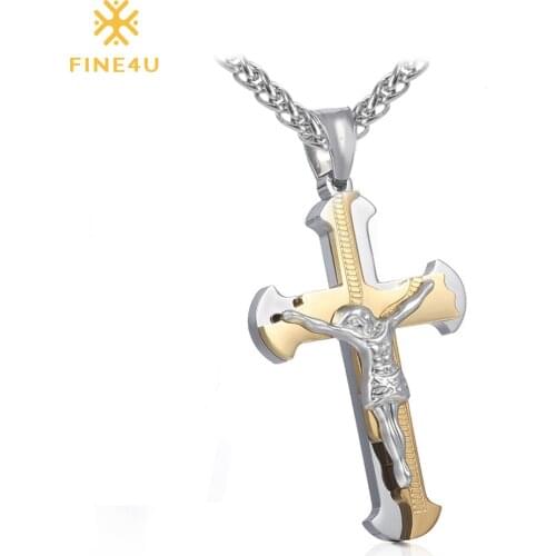 2018 New FINE4U N044 Cross Pendant Necklace For Men Women 316L Stainless Steel Jesus Christ Necklaces Crucifix Charm Jewelry