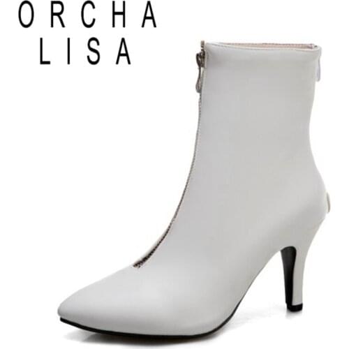 ORCHALISA 2021 Sexy Ladies Mid Calf Boots Zip Retro Pointed Toe Thin Heel Short Plush 8CM US19 Red Blue Black Yellow White A4509