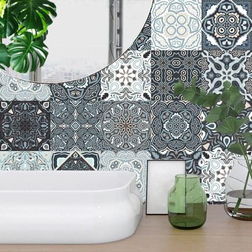 Gray & Blue Floral Ornament Ceramic Tiles Wall Sticker Stairs Kitchen Bathroom Home Decor Wall Decals Peel & Stick Art Wallpaper