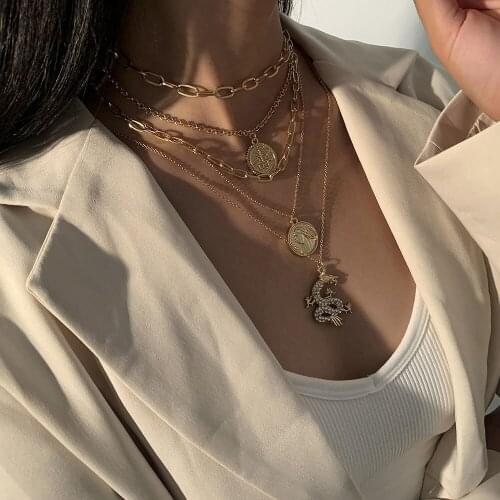 Vintage China Crystal Dragon Shape Longevity Text Head Coin Pendant Necklace For Women Female Fashion Multilevel Collar Jewely