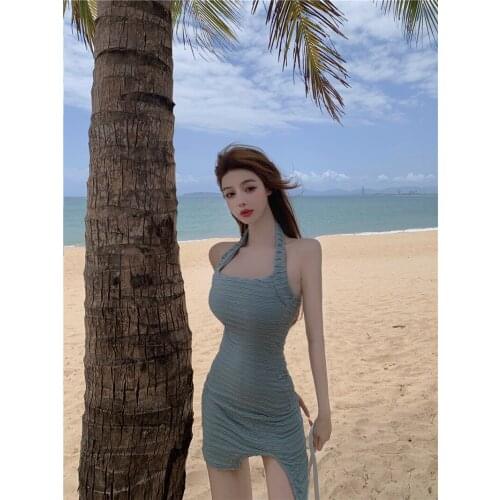 ZC3308 2021 summer new women fashion temperament sexy slit pure color slim package hip dress cheap wholesale