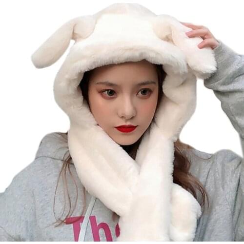 Women Cute Bunny Fluffy Plush Earflap Hat with Moving Jumping Rabbit Ears Thicken Warm Beanie Cap Neck Warmer Scarf Cosplay 094B