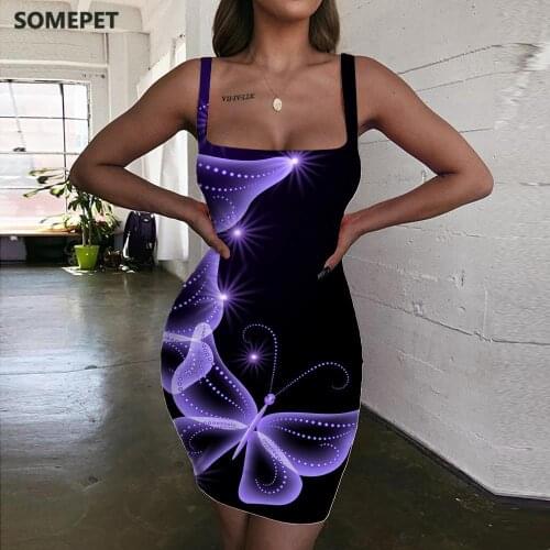 SOMEPET Butterfly Dresses Women Animal Sundress Pattern Bodycon Dress Psychedelic 3d Print Womens Clothing Summer Short Beach