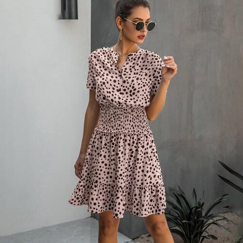 Summer Women Dress Leopard Ruffle Elastic Waist Mini Dresses Casual Buttons Ladies Purple Waisted Vintage 2021Womens Clothes