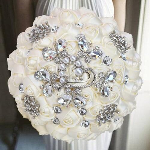 1PCs /lot Beige Silver Artificial Flowers Bouquets Diamond Crystal Marriage Wedding Bouquet Rose Bride Bouquet